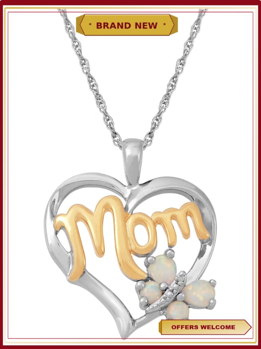Sterling Silver 'Mom' Heart Pendant Necklace Created Opal Diamond Accent 18"
